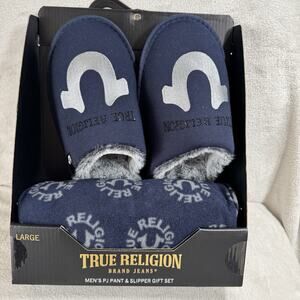 True Reigion NEW Pajamas PJ Pant & Slipper Gift Set Mens Large Blue/Silver Logo